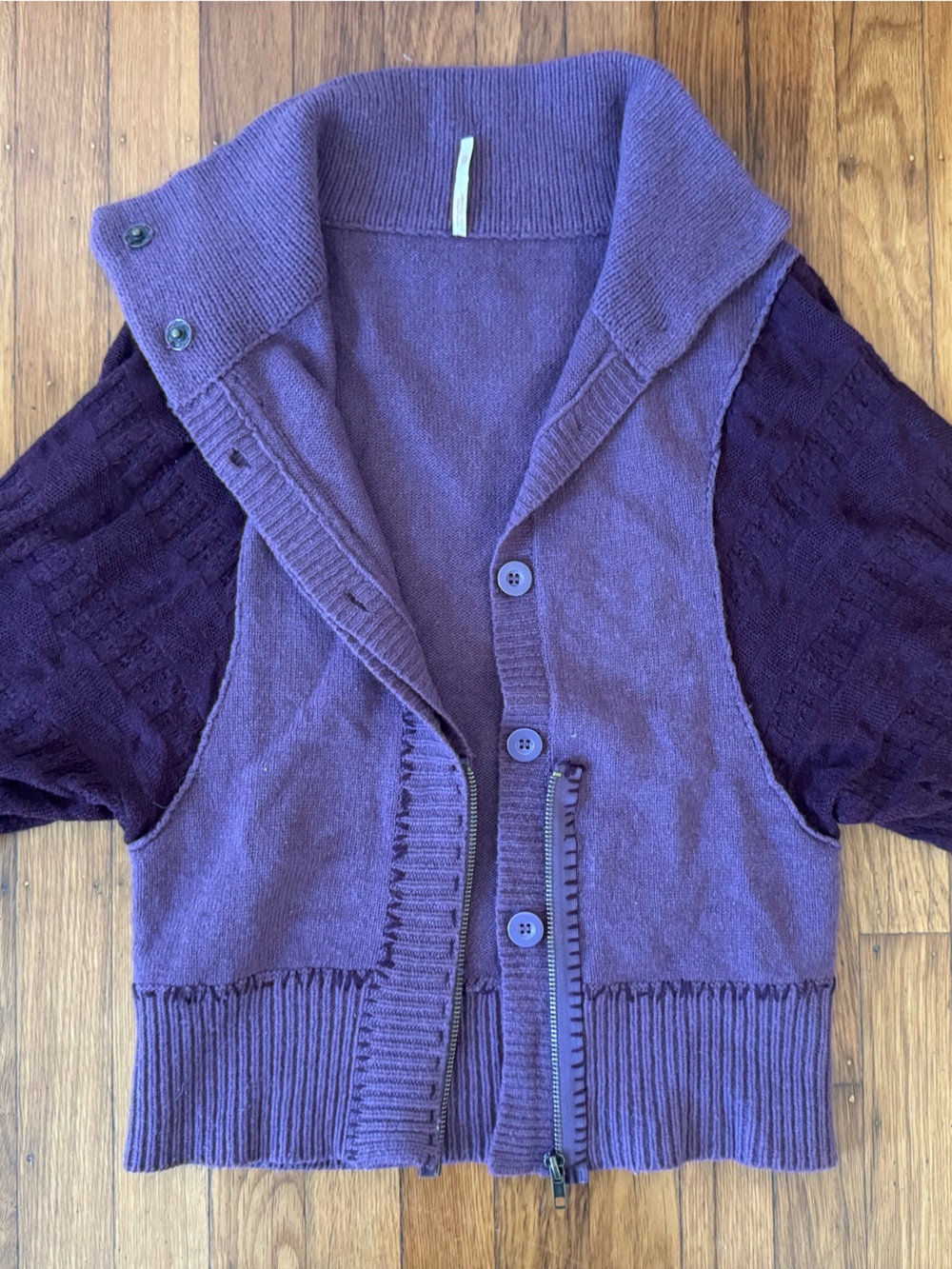 Free People Purple Button-Front Knit Sweater with High Rib Collar